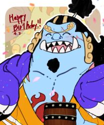 1boy ^_^ black_hair blue_skin closed_eyes colored_skin commentary_request cup facial_hair goatee half_updo happy_birthday highres holding holding_cup japanese_clothes jinbe_(one_piece) kimono male_focus one_piece orange_kimono rlde1fjgwm8yuta scar scar_on_chest scar_on_face sharp_teeth solo teeth tusks upper_body