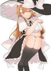 1girl arm_under_breasts black_choker black_footwear black_nails black_ribbon black_skirt black_socks blonde_hair bow braid breasts choker closed_mouth commentary frilled_skirt frills full_body green_eyes hair_bow hat hat_bow head_tilt high_heels highres kirisame_marisa kneehighs large_bow large_hat legs light_blush long_hair medium_breasts neck_ribbon necro_(nekurodayo) puffy_short_sleeves puffy_sleeves pumps revision ribbon seductive_smile shirt short_sleeves simple_background single_braid skirt smile smug socks solo squatting touhou tsurime white_background white_bow white_shirt witch_hat