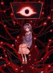 1girl absurdres black_hairband blue_shirt buttons closed_mouth code commentary_request english_text eyeball frilled_shirt_collar frilled_sleeves frills hair_ornament hairband heart heart_button heart_hair_ornament highres komeiji_satori long_sleeves looking_at_viewer monitor pink_skirt pink_slippers purple_hair ribbon-trimmed_collar ribbon_trim satori_day shirt skirt slippers socks solo stunionjy third_eye touhou white_socks wide_sleeves