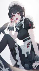 1girl absurdres black_dress black_hair black_pantyhose breasts candy collar colored_inner_hair dress ellen_joe fins fish_tail food hairband highres holding holding_candy holding_food holding_lollipop knee_up lollipop looking_at_viewer maid_headdress medium_breasts metal_collar metal_hairband mokew mole mole_on_arm mole_under_eye multicolored_hair open_mouth pantyhose puffy_short_sleeves puffy_sleeves red_eyes red_nails shark_girl shark_tail short_hair short_sleeves simple_background solo spiked_collar spiked_headband spikes tail white_background zenless_zone_zero