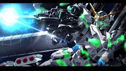 absurdres aiming commission full_armor_unicorn_gundam glowing glowing_eye green_eyes gun gundam gundam_unicorn highres holding holding_gun holding_weapon large_variant_set letterboxed looking_to_the_side mecha missile_pod mobile_suit no_humans nt-d papa-kun_(destiny549-2) robot science_fiction skeb_commission solo unicorn_gundam v-fin variant_set weapon