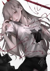 1girl absurdres black_shorts breasts chainsaw_man clothes_writing collarbone commentary cowboy_shot cross-shaped_pupils demon_girl demon_horns dolphin_shorts drawstring eyelashes fingernails grey_background grey_hair hair_between_eyes head_tilt hemokinesis highres horns lipstick long_fingernails long_hair long_hair_between_eyes looking_at_viewer makeup mano_aaa nail_polish orange_eyes parted_lips power_(chainsaw_man) print_shirt red_horns red_lips red_nails shirt short_sleeves shorts solo symbol-shaped_pupils t-shirt white_shirt