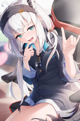 1girl absurdres ahoge animal_ear_fluff animal_ears black_jacket black_shirt blurry blurry_background braid chair commentary_request earrings extra_ears fox_ears fox_girl fox_shadow_puppet fox_tail green_eyes hair_between_eyes hairband highres hololive jacket jewelry kanabun_(jhft8347) long_hair looking_at_viewer open_mouth shirakami_fubuki shirakami_fubuki_(loungewear) shirt sidelocks single_braid sitting solo tail virtual_youtuber white_hair