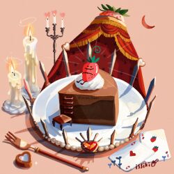artist_name cake cake_slice candle card chocolate_cake crescent fire food food_focus fork fruit heart issiki_toaki no_humans original pink_background plate playing_card simple_background still_life table