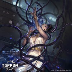 1girl 6+boys bracelet breasts capcom cleavage cleavage_cutout clothing_cutout death dress excella_gionne jewelry medium_breasts multiple_boys necklace night official_art resident_evil resident_evil_5 sideboob spotlight temoshi tentacles teppen uroboros_(resident_evil) uroboros_aheri