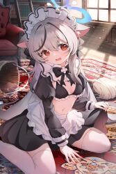 1girl absurdres animal_ears apron black_hair black_skirt blue_archive blue_halo breasts brown_eyes clothes_lift commentary frilled_apron frills grey_hair halo highres indoors kokona_(blue_archive) lifting_own_clothes long_hair long_sleeves looking_at_viewer maid maid_apron maid_headdress multicolored_hair navel puffy_sleeves sitting skirt skirt_lift small_breasts solo streaked_hair thighhighs tomo_(tomosa011326) waist_apron wariza white_thighhighs