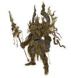 1other armor creature full_body gauntlets highres holding holding_polearm holding_weapon monte_tako muscular original other_focus polearm simple_background solo spiked_helmet weapon white_background