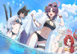 4girls :d ;d absurdres animal_ears bikini black_bikini black_eyes black_hair blue_archive blue_bikini blue_halo blue_sky breasts cat_ears cat_girl cat_tail cloud day earrings halo highres horns hyakkaryouran_(blue_archive) jewelry kikyou_(blue_archive) kikyou_(swimsuit)_(blue_archive) kokukyukeo long_hair looking_at_viewer medium_breasts multiple_girls multiple_tails nagusa_(blue_archive) nagusa_(swimsuit)_(blue_archive) official_alternate_costume one_eye_closed open_mouth outdoors partially_submerged purple_eyes purple_hair purple_halo red_eyes red_hair red_halo renge_(blue_archive) renge_(swimsuit)_(blue_archive) short_hair single_horn sky smile swimsuit tail thigh_strap thighs white_bikini white_halo yellow_bikini yukari_(blue_archive) yukari_(swimsuit)_(blue_archive)