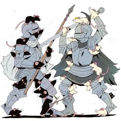 armor armored_boots bird boots breastplate cape crow duel fryprai full_armor gauntlets greaves helmet highres holding holding_sword holding_weapon knight lance mouse_(animal) no_humans original pauldrons polearm shoulder_armor simple_background sword weapon white_background