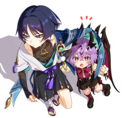 Rule 34 | 2boys, ahoge, aqua kimono, aqua sleeves, armor, averting eyes, black bodysuit, black boots, black bridal gauntlets, black hair, black horns, black leggings, black sandals, black shorts, blue cape, blunt ends, bodysuit, boots, bow, bridal gauntlets, bright pupils, brooch, cape, cape umbrella, choppy bangs, closed mouth, covered collarbone, crossed bangs, diamond-shaped pupils, diamond (shape), dragon horns, dragon wings, durin (genshin impact), eyeliner, eyeshadow, facial mark, fangs, feathers, fingernails, forehead mark, frilled sleeves, frills, from above, furisode, gem, genshin impact, gold, green gemstone, hag (hag 015), hair intakes, hakama, hakama shorts, height difference, highres, horns, humanization, japanese armor, japanese clothes, jewelry, juban, kimono, kote, kurokote, lace-up boots, large bow, layered sleeves, leg warmers, leggings, light blush, long sleeves, looking at viewer, looking to the side, makeup, mandarin collar, mini durin (genshin impact), multicolored hair, multiple boys, notice lines, open clothes, open kimono, open mouth, orange eyes, parted bangs, pleated shorts, pom pom (clothes), purple bow, purple eyes, purple hair, purple pupils, purple rope, red bow, red eyeliner, red eyeshadow, red wings, rope, sandals, scaramouche (genshin impact), shadow, shirt, short sleeves, shorts, shoulder peek, spoilers, star brooch, streaked hair, suspender shorts, suspenders, sweatdrop, symbol-shaped pupils, toenails, toes, tsurime, twitter username, vision (genshin impact), wanderer (genshin impact), white background, white kimono, white leg warmers, white pupils, white sleeves, white trim, wings, yellow feathers, yellow shirt, yellow sleeves, zouri