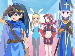 4girls ahoge animal_ears antenna_hair aqua_eyes aqua_leotard armor black_hair blonde_hair blue_hat blue_tabard blunt_bangs brown_hair cape cosplay covered_navel cross cross_print dragon_quest dragon_quest_iii fake_animal_ears gadabout_(dq3) gadabout_(dq3)_(cosplay) ganaha_hibiki gloves gold_trim green_eyes hair_ribbon hairband hands_on_own_hips hat headband helmet hiboshi_daizu highres hoshii_miki idolmaster idolmaster_(classic) layered_clothes leotard mace midriff minase_iori multiple_girls navel open_mouth pantyhose playboy_bunny ponytail priest_(dq3) priest_(dq3)_(cosplay) purple_eyes rabbit_ears red_armor red_eyes ribbon roto roto_(cosplay) roto_(dq3) shield shijou_takane silver_hair warrior_(dq3) sweatdrop tabard tears warrior_(dq3)_(cosplay) weapon wrist_cuffs yawning