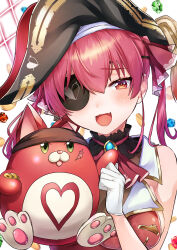 1girl absurdres ascot black_choker black_hat blush breasts choker cleavage cropped_jacket eyepatch fang frilled_choker frills gloves hair_ribbon hat highres hololive houshou_marine houshou_marine_(1st_costume) jacket large_breasts long_hair looking_at_viewer pirate_hat r18_ayame red_ascot red_eyes red_hair red_jacket red_ribbon ribbon skin_fang sleeveless sleeveless_jacket smile solo twintails virtual_youtuber white_gloves