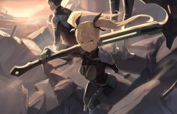 1boy 1girl absurdres armor armored_boots artist_name axe belt belt_pouch black_bodysuit black_hair black_ribbon blonde_hair bodysuit boots breasts burger closed_mouth commentary eating floating_hair food from_above full_body gas_mask green_belt green_eyes hair_ribbon hibino_kafka highres jhc_kai kaijuu_no._8 long_hair looking_at_viewer mask mask_around_neck medium_breasts outdoors over_shoulder oversized_object pouch respirator ribbon rubble ruins shinomiya_kikoru short_hair shoulder_armor signature sitting smile solo_focus standing sunrise thigh_pouch thigh_strap twintails vambraces weapon weapon_over_shoulder wind