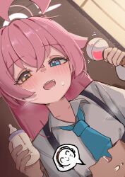 1boy 1girl absurdres ahoge baby_bottle blue_archive blue_necktie blush bottle crossed_bangs doodle_sensei_(blue_archive) hair_between_eyes halo heterochromia high_(hgih) highres holding holding_bottle holding_rattle hoshino_(blue_archive) long_hair necktie nervous_sweating open_mouth pink_hair pink_halo rattle sensei_(blue_archive) shirt sweat sweatdrop teeth upper_teeth_only white_shirt yellow_eyes