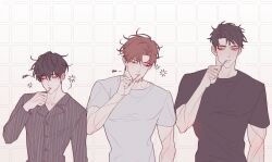 Rule 34 | 3boys, absurdres, black hair, black shirt, brown hair, character request, checkered background, closed eyes, closed mouth, collarbone, commentary request, grey shirt, gwechul, highres, holding, holding toothbrush, korean commentary, looking at another, male focus, multiple boys, multiple scars, purple eyes, scar, scar on arm, scar on neck, shirt, short hair, sparkle, striped clothes, striped shirt, toned, toned male, toothbrush, upper body, vertical-striped clothes, vertical-striped shirt, white background, white shirt, yum 606