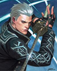 1boy black_gloves blue_eyes buttons closed_mouth coat collared_coat colored_pencil_(medium) commentary commission devil_may_cry_(series) devil_may_cry_5 english_commentary glove_cutout gloves hair_slicked_back highres holding holding_sword holding_weapon jorge_molina katana long_sleeves looking_ahead male_focus marker_(medium) patterned_clothing popped_collar realistic short_sideburns signature solo sparkle sword traditional_media upper_body vergil_(devil_may_cry) weapon white_hair yamato_(sword)