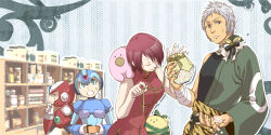 Rule 34 | 1girl, 3boys, animal print, armor, blue armor, blue background, blue eyes, bow, breasts, candy, closed eyes, closed mouth, commentary request, cookie, crossover, dress, elenohito, food, green bow, green kimono, grey eyes, hadanugi dousa, helmet, japanese clothes, katou kiyomasa (sengoku musou), kimono, kirby, kirby (series), konpeitou, looking at another, medium breasts, mega man (series), mega man x (series), multiple boys, multiple crossover, nintendo, open clothes, open kimono, open mouth, professor (ragnarok online), ragnarok online, red armor, red dress, red hair, sengoku musou, shelf, short hair, sleeveless, sleeveless dress, smile, tiger print, upper body, white day, white hair, x (mega man), zero (mega man)