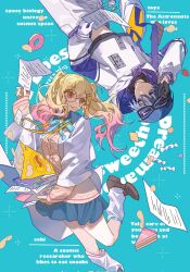 1boy 1girl adjusting_eyewear aoyagi_touya arm_up asymmetrical_gloves bag_of_chips black_gloves blonde_hair blue_background blue_eyes blue_ribbon breasts brown_shoes cake cake_slice cardigan character_name chips_(food) chocolate coat commentary corrupted_twitter_file cropped_hoodie donut english_text eyewear_on_head feet_out_of_frame finger_on_eyewear food food_in_mouth fruit get_over_it._(project_sekai) glasses gloves goggles goggles_on_head gradient_hair grey_skirt hair_ornament hairclip half_gloves hardtack highres holding holding_paper hood hoodie id_card lab_coat lanyard leg_up long_hair long_sleeves looking_at_another loose_socks medium_breasts midriff mismatched_gloves moucha multicolored_hair neck_ribbon official_alternate_costume open_clothes open_coat pants paper paper_stack parallel_hairclips pink_eyes pink_hair planet_sekai_(project_sekai) potato_chips project_sekai ribbon round_eyewear shoes skirt socks standing standing_on_one_leg strawberry sweets symbol-only_commentary tenma_saki twintails white_gloves white_hoodie white_pants white_socks yellow_cardigan