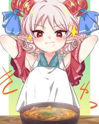 Rule 34 | 1girl, armpits, bare shoulders, bib, blue dress, blue ribbon, bowl, closed mouth, curly hair, detached sleeves, dress, earrings, eye print, food, horn ornament, horn ribbon, horns, jewelry, kimi3735, meandros, pointy ears, rectangular pupils, red eyes, red horns, red sleeves, ribbon, saliva, sheep horns, soup, sparkle, touhou, toutetsu yuuma, white hair