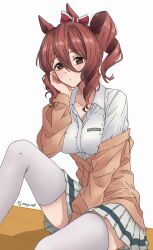 1girl absurdres animal_ears artist_name breasts brown_hair drill_hair highres horse_ears horse_girl looking_at_viewer mayu_set miniskirt norn_ace_(umamusume) shirt side_drill sitting skirt solo thighhighs umamusume umamusume:_cinderella_gray white_background white_shirt white_skirt white_thighhighs