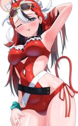 Rule 34 | 1girl, absurdres, animal ears, arm behind head, armpits, black hair, blue eyes, blush, breasts, covered navel, cowboy shot, dice hair ornament, extra ears, eyewear on head, frilled one-piece swimsuit, frills, from below, hair ornament, hakos baelz, hand in own hair, highres, hololive, hololive english, long hair, looking at viewer, medium breasts, mouse ears, mouse girl, mouse tail, multicolored hair, nobarts, one-piece swimsuit, one eye closed, red hair, red one-piece swimsuit, red tail, simple background, solo, streaked hair, swimsuit, tail, tongue, tongue out, virtual youtuber, wet, white background, white hair