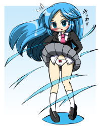 Rule 34 | 1girl, aoi shouko, bemani, black footwear, black jacket, blue background, blue eyes, blue hair, blush, bow, bow panties, embarrassed, flying sweatdrops, gradient background, grey skirt, jacket, lkagami, long hair, long sleeves, looking down, necktie, open mouth, panties, pink necktie, pop&#039;n music, red bow, school uniform, shirt, shoes, skirt, socks, standing, surprised, underwear, white panties, white shirt, white socks, wind, wind lift