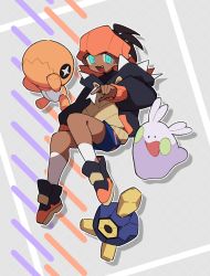 1boy aged_down aqua_eyes black_footwear black_hair black_hoodie blue_shorts blush commentary_request creatures_(company) dark-skinned_male dark_skin fang game_freak gen_3_pokemon gen_5_pokemon gen_6_pokemon goomy grey_background hand_up headband highres hood hood_down hoodie male_focus nintendo open_mouth orange_headband pokemon pokemon_(creature) pokemon_swsh raihan_(pokemon) roggenrola shigetake_(buroira) shoes short_hair shorts socks tongue trapinch undercut white_legwear