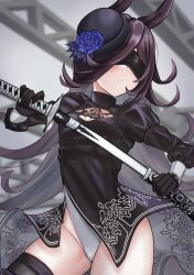 1girl 2b_(nier:automata) 2b_(nier:automata)_(cosplay) absurdres animal_ears black_dress black_hair black_hat black_thighhighs blindfold blue_flower blue_rose bowler_hat commentary cosplay cowboy_shot dress english_commentary flipped_hair flower hat hat_flower heattech_leotard highleg highleg_leotard highres horse_ears horse_girl horse_tail katana leotard leotard_peek leotard_under_clothes long_hair looking_at_viewer nier:automata nier_(series) rice_shower_(umamusume) rose sleeved_leotard solo sword tail tatsumi_yashiro thighhighs tilted_headwear turtleneck umamusume weapon white_leotard