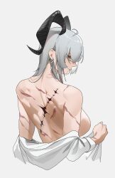 Rule 34 | 1girl, absurdres, ahoge, bare back, bite mark, bite mark on neck, black eyes, black horns, breasts, closed mouth, clothes down, commentary, cropped torso, curled horns, earrings, from behind, grey background, grey hair, highres, horns, jewelry, key earrings, large breasts, long hair, looking at viewer, looking back, lufi ays, making-of available, multicolored eyes, multicolored hair, open clothes, open shirt, red eyes, scar, scar on back, shirt, sideways glance, simple background, solo, streaked hair, tacet mark (wuthering waves), two-tone eyes, white shirt, wuthering waves, zani (wuthering waves)