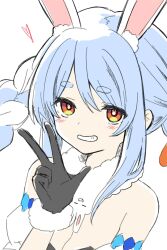 Rule 34 | 1girl, animal ear fluff, animal ears, bare shoulders, black gloves, black leotard, blue hair, blush, braid, breasts, brown eyes, carrot hair ornament, cleavage, commentary request, detached sleeves, don-chan (usada pekora), food-themed hair ornament, fur-trimmed gloves, fur trim, gloves, grin, hair ornament, heart, highres, hololive, kiritoma, leotard, looking at viewer, multicolored hair, puffy short sleeves, puffy sleeves, rabbit-shaped pupils, rabbit ears, short sleeves, simple background, small breasts, smile, solo, strapless, strapless leotard, symbol-shaped pupils, twin braids, twintails, two-tone hair, usada pekora, usada pekora (1st costume), virtual youtuber, white background, white hair, white sleeves