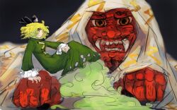 Rule 34 | 1girl, black hat, closed mouth, colored skin, commentary request, dress, fangs, full body, ghost tail, green dress, green eyes, green hair, grey background, hat, long dress, looking at viewer, looking to the side, monster, red skin, ritsuzou, short hair, smile, soga no tojiko, tate eboshi, touhou