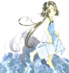 1girl aa_megami-sama barefoot brown_eyes brown_hair child denim_dress diamond_facial_mark dress facial_mark fujishima_kousuke highres lifting_own_clothes long_hair looking_at_viewer official_art peorth_(aa_megami-sama) ponytail reflection reflective_floor reflective_water retro_artstyle shadow smile solo water