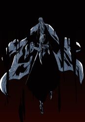 Rule 34 | 1boy, bald, beard, beard ribbon, bleach, dark, facial hair, full body, haori, highres, holding, holding staff, japanese clothes, ken hollow, male focus, monochrome, mustache, old, old man, shadow, solo, staff, taichou haori, yamamoto-genryuusai shigekuni