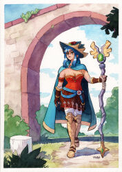 1girl absurdres armor armored_boots bandages belt blue_hair boots breasts brick_wall bush cape commentary commission dang_(runescape) duellist&#039;s_cap_(tier_6) english_commentary fingerless_gloves full_body gladiator gloves gold_trim green_belt green_cape hat highres holding holding_staff leotard long_bangs long_hair mage_staff medium_breasts mosqi old_school_runescape orange_eyes original painting_(medium) poleyn red_leotard road runescape second-party_source signature solo spiked_ear_piercing staff staff_of_armadyl_(runescape) standing thick_eyebrows traditional_media tree_stump watercolor_(medium) yellow_eyes
