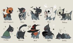 +++ absurdres bandages bat_(animal) bat_wings black_headwear book bug clothed_pokemon creatures_(company) deino_(pokemon) english_text fangs fly game_freak gen_5_pokemon ghost_costume grey_background halloween halloween_costume hat highres insect jack-o&#039;-lantern nintendo open_mouth paw_print pokemon skull sleeping torori_toro_(oimo_kenpi) wand wings witch_hat zzz