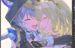 2girls :d aglaea_(honkai:_star_rail) animal_ears art_program_in_frame black_gloves blonde_hair cat_ears cat_girl chinese_commentary cipher_(honkai:_star_rail) closed_eyes commentary_request facing_another fang gloves grey_hair hair_between_eyes happy honkai:_star_rail honkai_(series) hug long_hair multiple_girls open_mouth profile short_hair simple_background smile upper_body uuuuudc