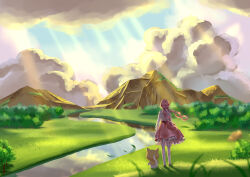 1girl absurdres animal ankle_socks bare_shoulders belt black_belt black_bow blue_sky blurry blurry_foreground bow bush cat chinese_commentary cloak clothed_animal cloud commentary_request day ear_covers floating_clothes floating_hair flower frilled_skirt frills from_behind full_body grass hair_bow highres hood hood_up hooded_cloak infinity_nikki kneepits layered_skirt light_rays long_hair long_sleeves low_twintails medium_skirt momo_(nikki) mountain nikki_(nikki) nikki_(series) off-shoulder_shirt off_shoulder outdoors perfect_start_(infinity_nikki) pink_hair pink_skirt pleated_skirt puffy_long_sleeves puffy_sleeves qingniaoyi scenery see-through_clothes see-through_sleeves shirt shoes skirt sky socks standing stream sunlight twintails very_long_hair wavy_hair white_cat white_shirt white_shoes white_socks wide_shot wind yellow_cloak yellow_flower
