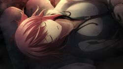 1boy 1girl chaos;child character_request check_character closed_eyes collarbone facing_viewer from_above game_cg hair_between_eyes highres jacket lap_pillow lying lying_on_lap lying_on_person miyashiro_takuru non-web_source official_art on_back onoe_serika open_mouth pink_hair sasaki_mutsumi shirt short_hair short_hair_with_long_locks sidelocks sweat t-shirt track_jacket zipper zipper_pull_tab