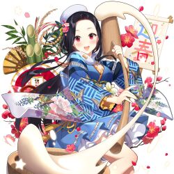 Rule 34 | 1girl, :d, arrow (projectile), bamboo, beret, black hair, blue dress, blue kimono, blush, bow, bow (weapon), branch, breasts, camellia, clarice lapis, cleavage, dress, egasumi, floral print, flower, folding fan, frills, hair flower, hair ornament, hand fan, hat, hat bow, holding, instrument, japanese clothes, kimono, long hair, long sleeves, looking at viewer, open mouth, paddle, parted bangs, petals, pink flower, print kimono, red eyes, red flower, ribbon, salt (salty), scroll, skirt, smile, solo, star (symbol), takao (kancolle), tassel, uchi no hime-sama ga ichiban kawaii, very long hair, weapon, wide sleeves