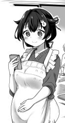 1girl apron breasts cellphone commentary_request greyscale hair_flaps hair_ornament hairclip highres jewelry jingei_(kancolle) kantai_collection kirisawa_juuzou large_breasts long_hair low_ponytail monochrome official_alternate_costume phone ponytail pregnant ring solo sweater wedding_band