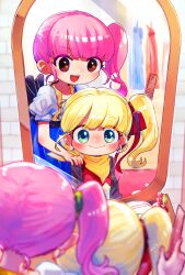 2girls :d aqua_eyes black_bow black_sash black_shirt blonde_hair blue_dress blunt_bangs blurry blush bottle bow brown_eyes comb cross-laced_clothes cross-laced_dress depth_of_field dragon_quest dragon_quest_builders_2 dress earrings female_builder_(dqb2) hair_ribbon hand_on_another&#039;s_shoulder highres holding holding_comb hoop_earrings indoors jewelry km_navi looking_at_another looking_at_mirror mirror multiple_girls neckerchief open_mouth perfume_bottle pink_hair puffy_short_sleeves puffy_sleeves red_dress red_ribbon ribbon ruru_(dqb2) sash shirt shirt_under_dress short_sleeves side_ponytail silver_earrings smile table two-tone_dress vanity_table white_dress yellow_neckerchief