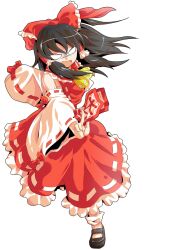 1girl alphes_(style) angry ascot between_fingers black_hair black_shoes bow commentary_request dairi detached_sleeves dress full_body hair_bow hair_tubes hakurei_reimu holding large_variant_set long_sleeves ofuda open_mouth parody red_bow red_dress shoes socks solo style_parody tachi-e touhou transparent_background variant_set white_socks wide_sleeves