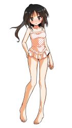 1girl alphes_(style) alternate_costume bare_arms bare_legs bare_shoulders barefoot black_eyes black_hair blush breasts casual_one-piece_swimsuit collarbone commentary_request dairi full_body hair_up hakurei_reimu hand_on_own_hip legs_apart looking_at_viewer medium_breasts no_hair_bow no_hair_ornament one-piece_swimsuit open_mouth parody polka_dot polka_dot_swimsuit ponytail silent_sinner_in_blue solo standing style_parody swimsuit tachi-e touhou touhou_bougetsushou transparent_background white_one-piece_swimsuit