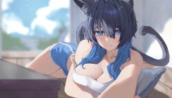 1girl :3 absurdres alternate_costume animal_ears arm_under_breasts bare_arms bare_shoulders black_hair blue_eyes blue_hair blue_shorts blurry blurry_background blurry_foreground blush breasts cat_ears cat_girl cat_tail closed_mouth colored_inner_hair depth_of_field double-parted_bangs hair_between_eyes hair_intakes highres hololive hololive_english hugging_object indoors kemonomimi_mode large_breasts light_particles long_hair looking_at_viewer lying multicolored_hair official_alternate_hairstyle on_stomach ouro_kronii pillow pillow_hug reaching reaching_towards_viewer selfie shorts smile solo strap_slip tail tank_top twisted_torso two-tone_hair virtual_youtuber white_tank_top window wolf_cut yoellim5