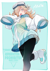 1girl absurdres black_pantyhose blonde_hair blue_eyes boots cobacomimiz33 goggles goggles_on_head hair_over_one_eye highres jacket leg_up long_hair mario_(series) mario_kart mario_kart_world nintendo pantyhose rosalina sleeves_past_fingers sleeves_past_wrists turtleneck turtleneck_jacket white_boots zipper_pull_tab