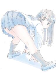 1girl all_fours black_hair blue_skirt blush highres kneehighs long_hair long_sleeves looking_at_viewer original pleated_skirt poranka_(porankaran) sailor_collar school_uniform serafuku shoes skirt socks solo traditional_media uwabaki