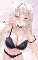 1girl :3 :q absurdres all_fours animal_ears black_bra black_choker black_panties blue_eyes blush bra breasts cat_ears cat_girl cat_hair_ornament cat_tail choker claw_pose cleavage closed_mouth commentary_request commission fish_hair_ornament from_below glint grey_hair hair_intakes hair_ornament hand_up heart heart-shaped_pupils heart_o-ring highres indie_virtual_youtuber lace lace-trimmed_bra lace-trimmed_panties lace_trim large_breasts long_hair looking_at_viewer navel o-ring o-ring_choker panties pink_nails skeb_commission solo stomach strap_slip sweat symbol-shaped_pupils tail tongue tongue_out tsukimachi_nyamo underwear virtual_youtuber wet wing_hair_ornament wrist_cuffs yu_lei