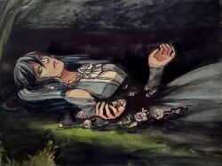 1girl afloat aqua_eyes aqua_hair bare_shoulders blue_dress dress dress_flower empty_eyes evillious_nendaiki fine_art_parody flower flower_on_liquid hair_between_eyes hatsune_miku highres lake long_hair looking_at_viewer lying margarita_blankenheim meta28050 nemurase_hime_kara_no_okurimono_(vocaloid) on_back ophelia_(painting) painting_(medium) parody parted_lips partially_submerged reeds ripples rose sideways_glance solo traditional_media twintails vocaloid water watercolor_(medium) white_flower white_rose