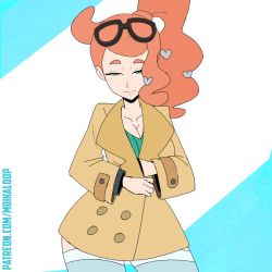 Rule 34 | 1girl, animated, animated gif, aqua eyes, blush, bouncing breasts, breasts, coat, collarbone, eyewear on head, female focus, glasses, hair ornament, half-closed eyes, heart, heart hair ornament, highleg, highleg leotard, large breasts, leotard, long hair, looking at viewer, moikaloop, naughty face, nintendo, open clothes, orange hair, pokemon, pokemon swsh, ponytail, smile, solo, sonia (pokemon), text focus, thick thighs, thighs, thong leotard, trench coat, wide hips