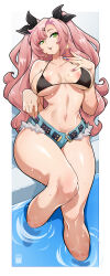 1girl absurdres areola_slip bayeuxman breasts breasts_apart curvy denim denim_shorts earrings green_eyes hair_ornament hairclip heart heart_earrings highres jewelry large_breasts long_hair micro_shorts mole mole_under_eye multicolored_nails navel nicole_demara pink_hair shorts soaking_feet solo stomach two_side_up very_long_hair water wavy_hair wet wide_hips zenless_zone_zero